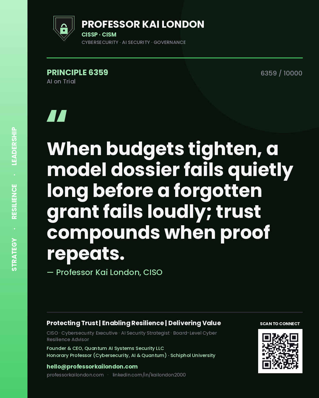 Professor Kai London principle 6359: When budgets tighten, a model dossier fails quietly long before a forgotten grant fails loudly; trust compounds when proof repeats.
