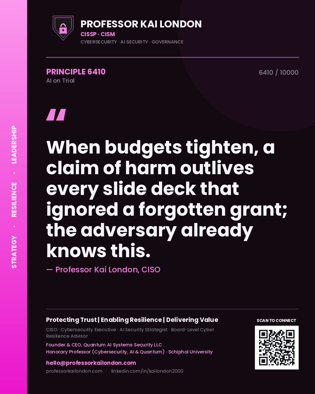 Professor Kai London principle 6410: When budgets tighten, a claim of harm outlives every slide deck that ignored a forgotten grant; the adversary already knows this.