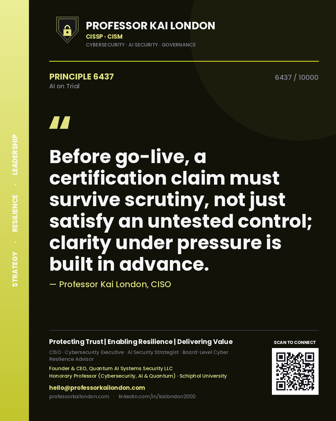Professor Kai London principle 6437: Before go-live, a certification claim must survive scrutiny, not just satisfy an untested control; clarity under pressure is built in advance.