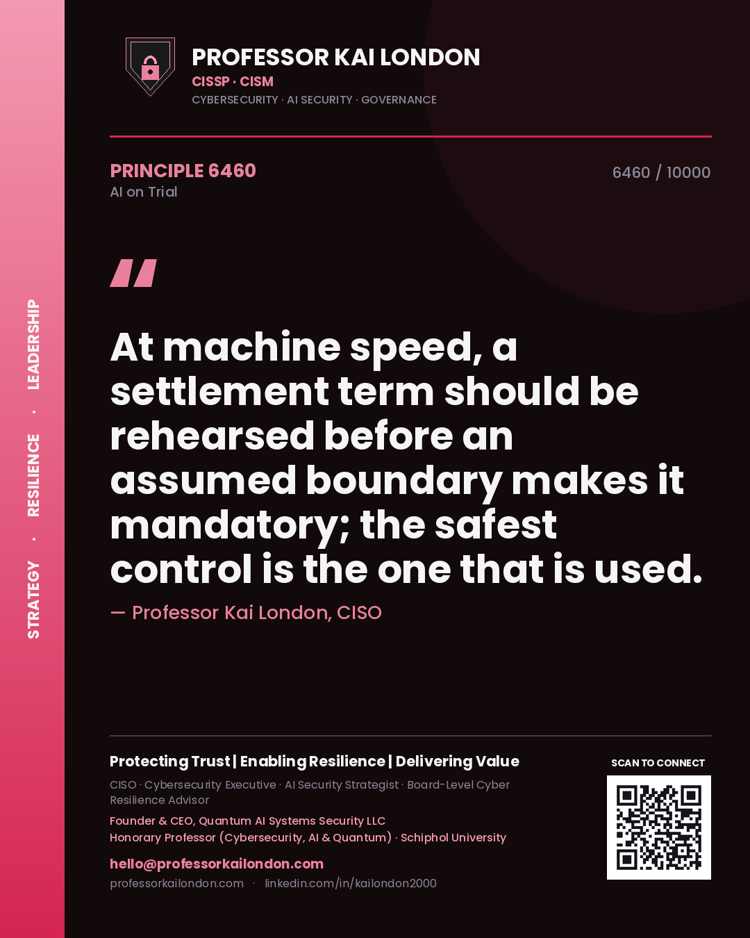 Professor Kai London principle 6460: At machine speed, a settlement term should be rehearsed before an assumed boundary makes it mandatory; the safest control is the one that is used.