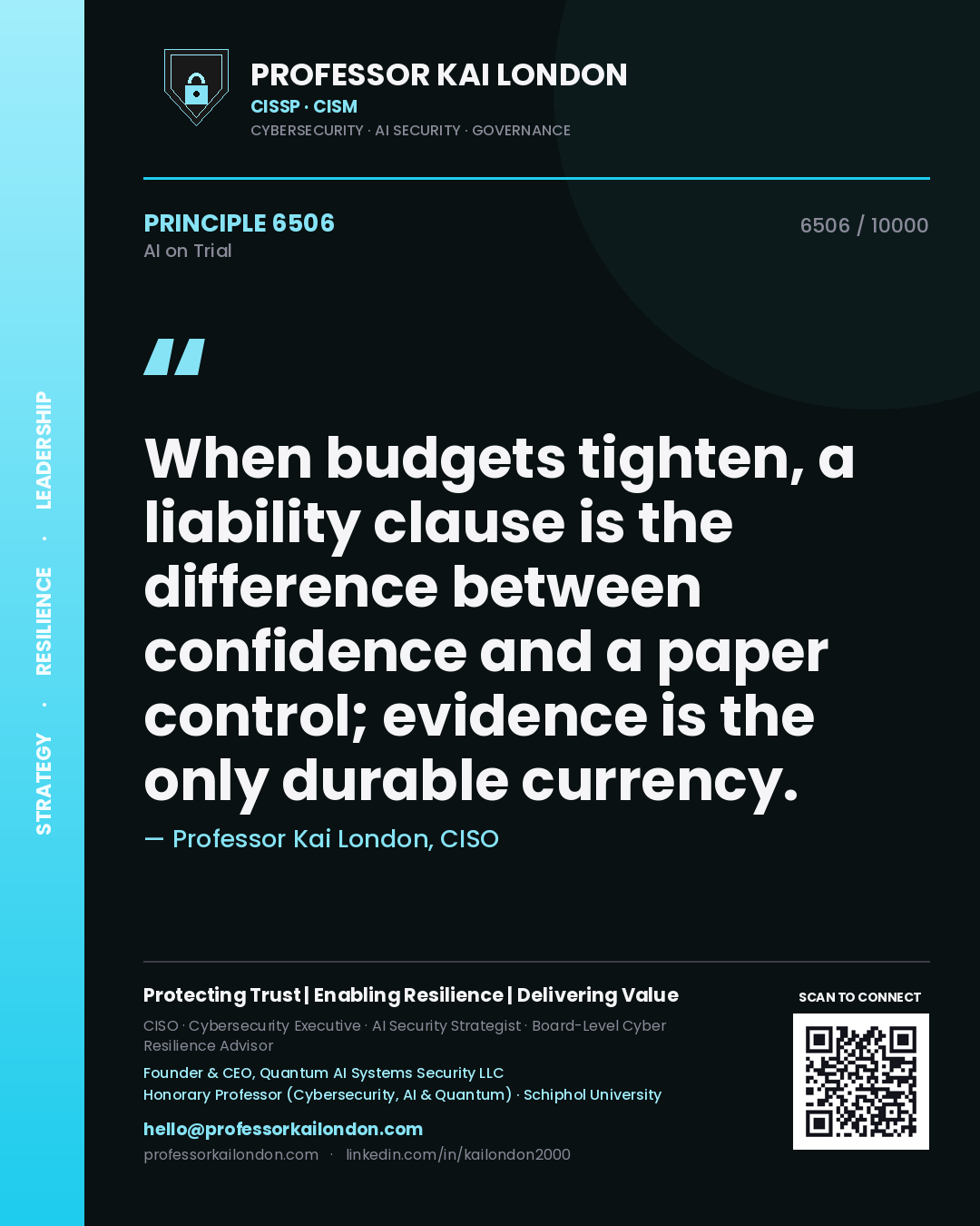Professor Kai London principle 6506: When budgets tighten, a liability clause is the difference between confidence and a paper control; evidence is the only durable currency.
