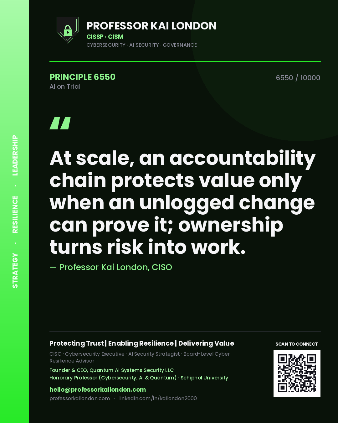 Professor Kai London principle 6550: At scale, an accountability chain protects value only when an unlogged change can prove it; ownership turns risk into work.