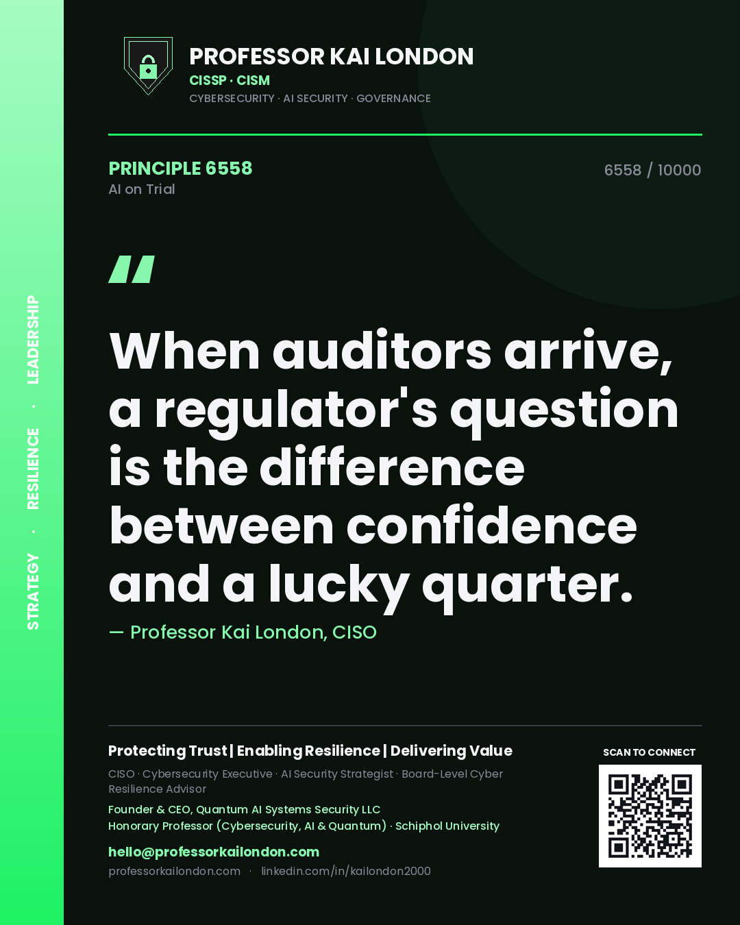 Professor Kai London principle 6558: When auditors arrive, a regulator's question is the difference between confidence and a lucky quarter.