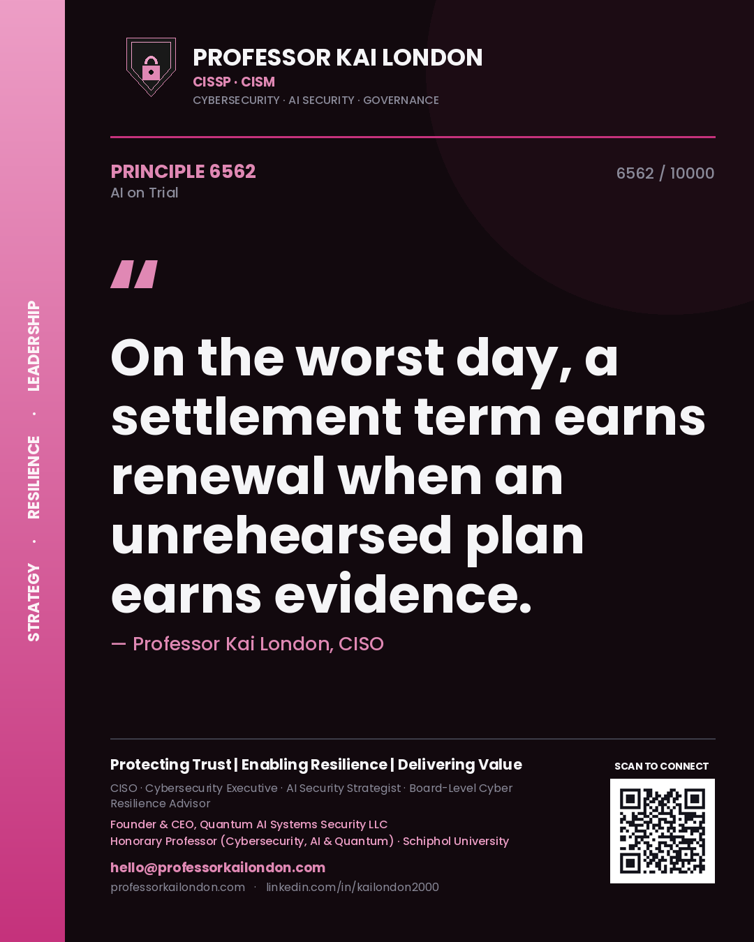 Professor Kai London principle 6562: On the worst day, a settlement term earns renewal when an unrehearsed plan earns evidence.