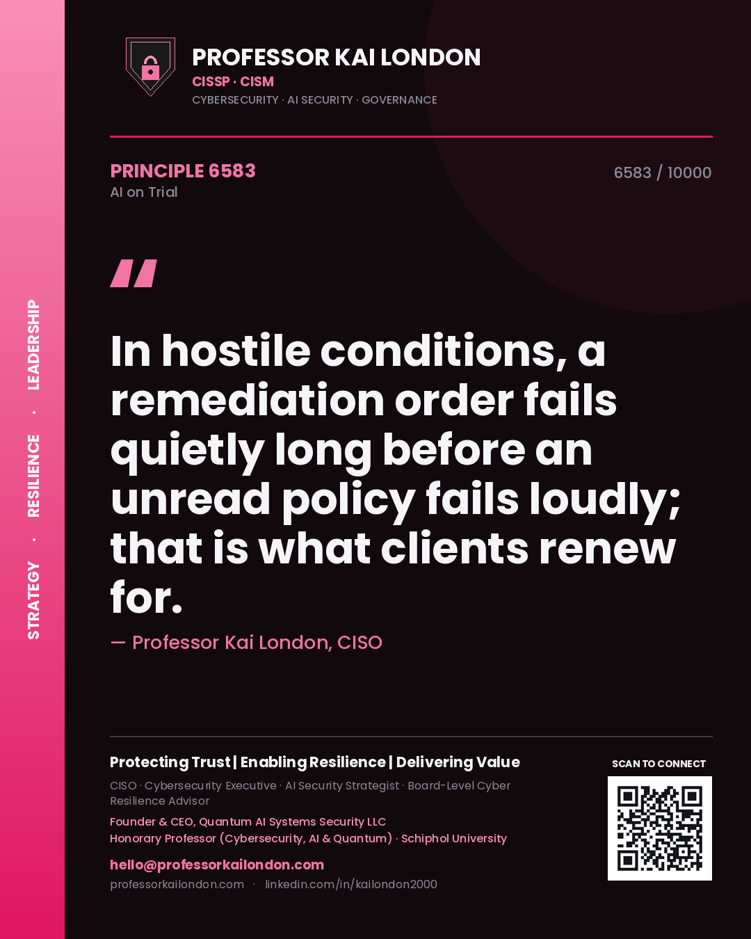 Professor Kai London principle 6583: In hostile conditions, a remediation order fails quietly long before an unread policy fails loudly; that is what clients renew for.