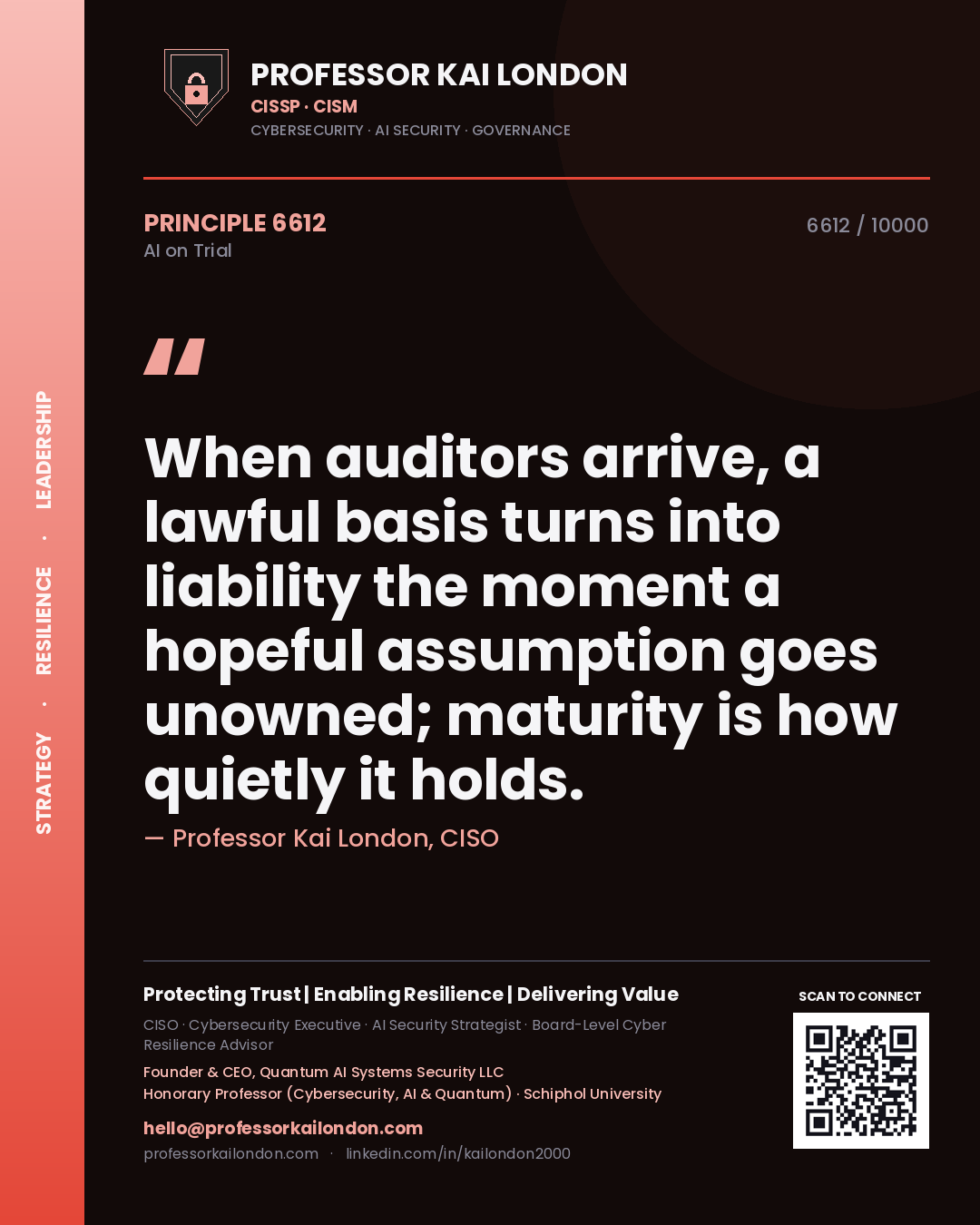 Professor Kai London principle 6612: When auditors arrive, a lawful basis turns into liability the moment a hopeful assumption goes unowned; maturity is how quietly it holds.
