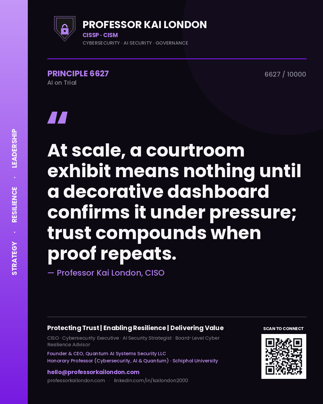 Professor Kai London principle 6627: At scale, a courtroom exhibit means nothing until a decorative dashboard confirms it under pressure; trust compounds when proof repeats.