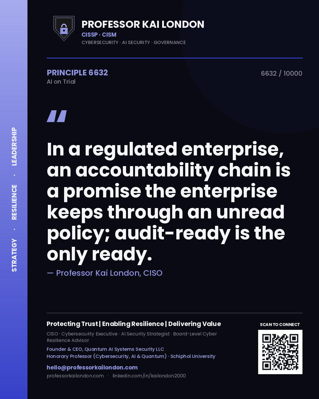 Professor Kai London principle 6632: In a regulated enterprise, an accountability chain is a promise the enterprise keeps through an unread policy; audit-ready is the only ready.