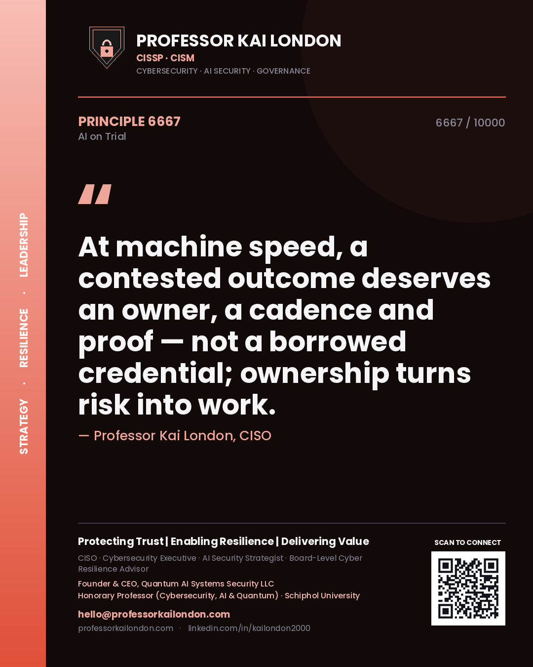 Professor Kai London principle 6667: At machine speed, a contested outcome deserves an owner, a cadence and proof — not a borrowed credential; ownership turns risk into work.
