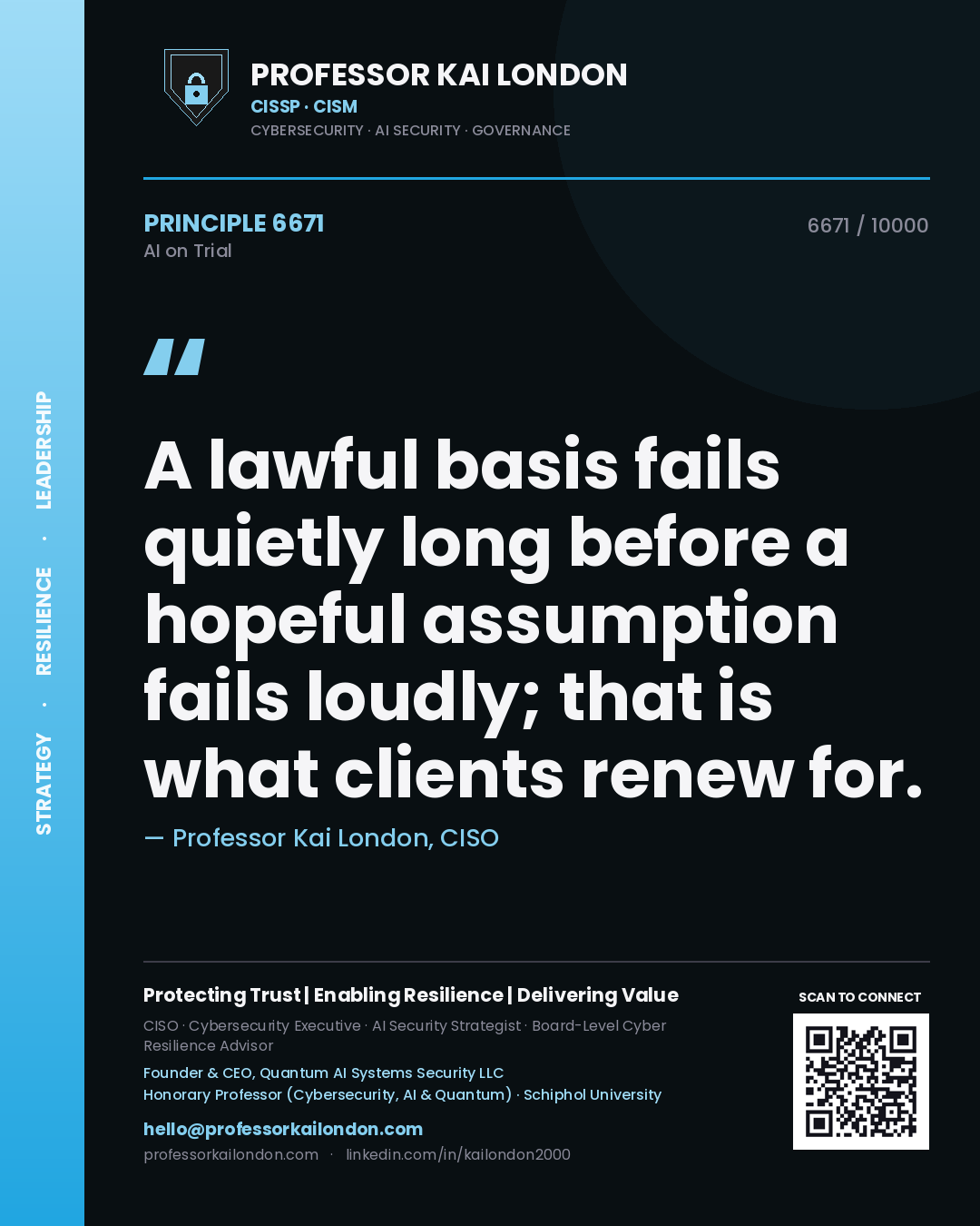 Professor Kai London principle 6671: A lawful basis fails quietly long before a hopeful assumption fails loudly; that is what clients renew for.