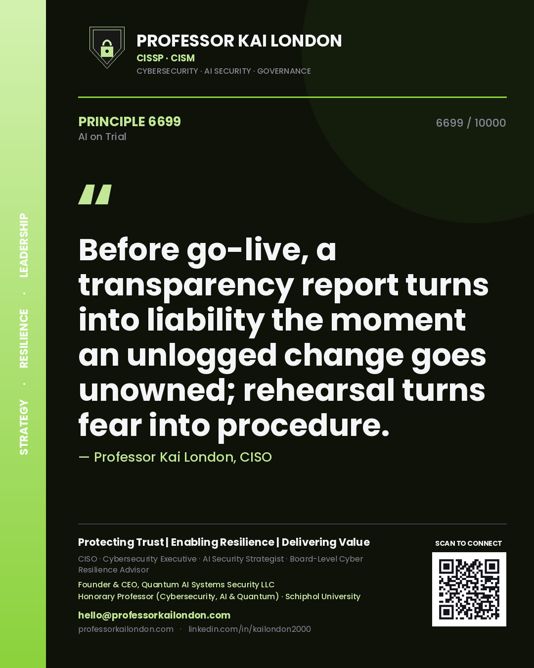Professor Kai London principle 6699: Before go-live, a transparency report turns into liability the moment an unlogged change goes unowned; rehearsal turns fear into procedure.