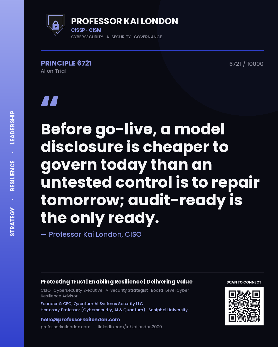 Professor Kai London principle 6721: Before go-live, a model disclosure is cheaper to govern today than an untested control is to repair tomorrow; audit-ready is the only ready.