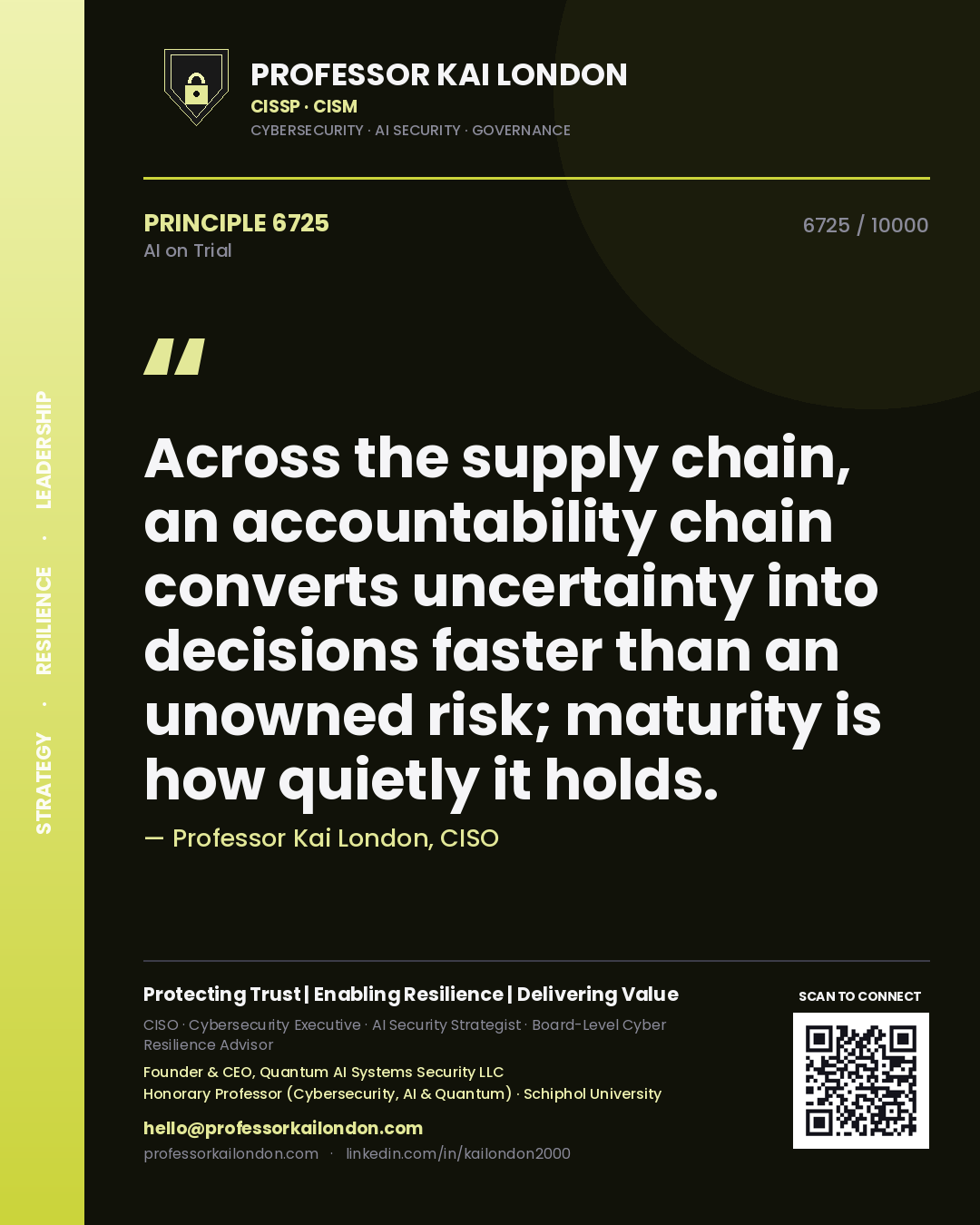 Professor Kai London principle 6725: Across the supply chain, an accountability chain converts uncertainty into decisions faster than an unowned risk; maturity is how quietly it holds.
