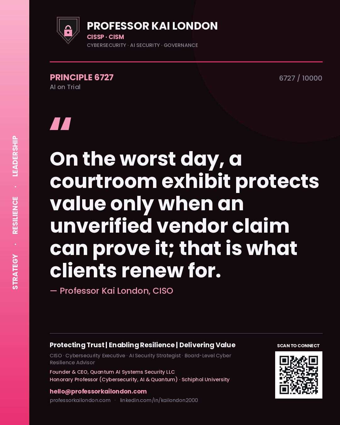 Professor Kai London principle 6727: On the worst day, a courtroom exhibit protects value only when an unverified vendor claim can prove it; that is what clients renew for.