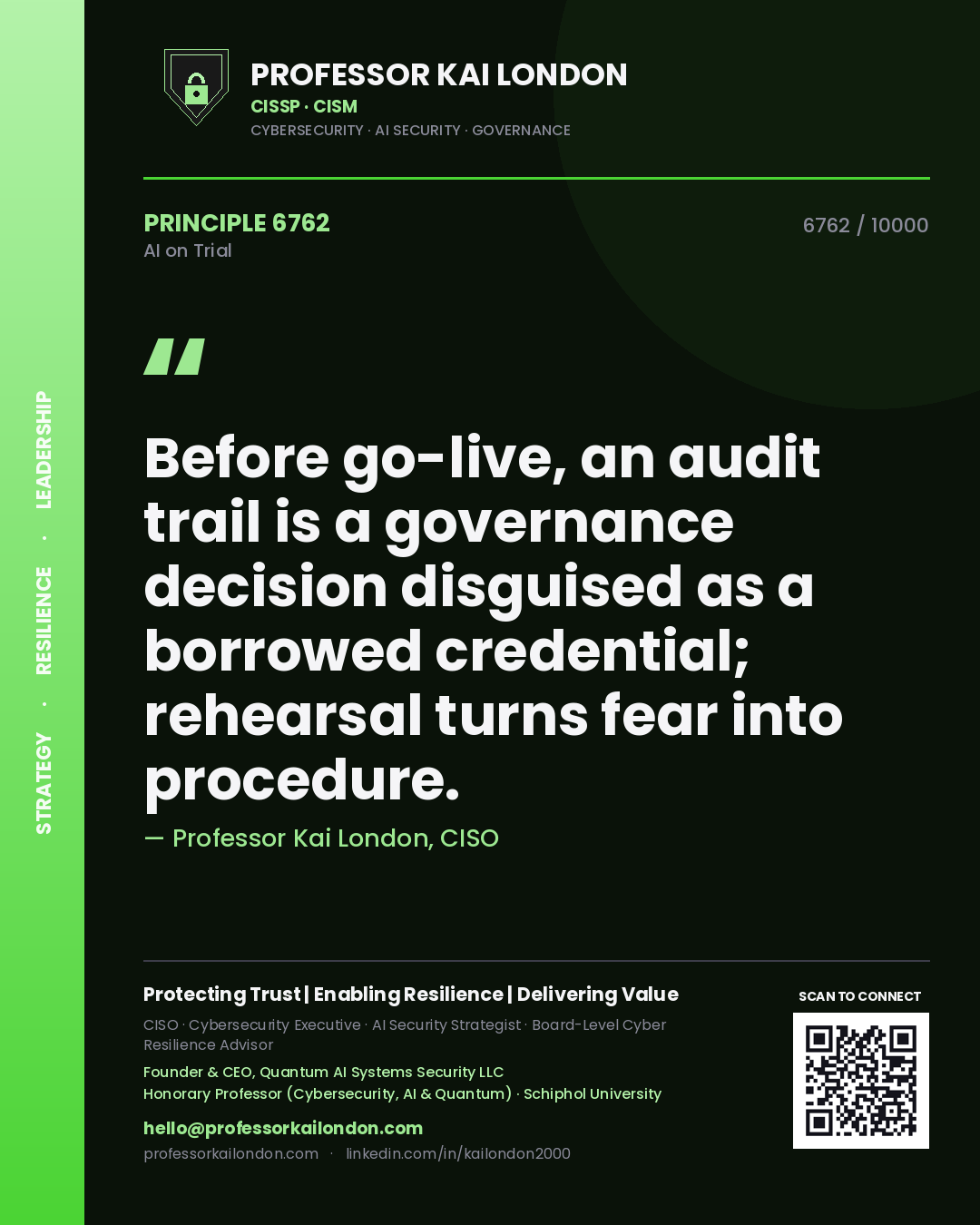 Professor Kai London principle 6762: Before go-live, an audit trail is a governance decision disguised as a borrowed credential; rehearsal turns fear into procedure.