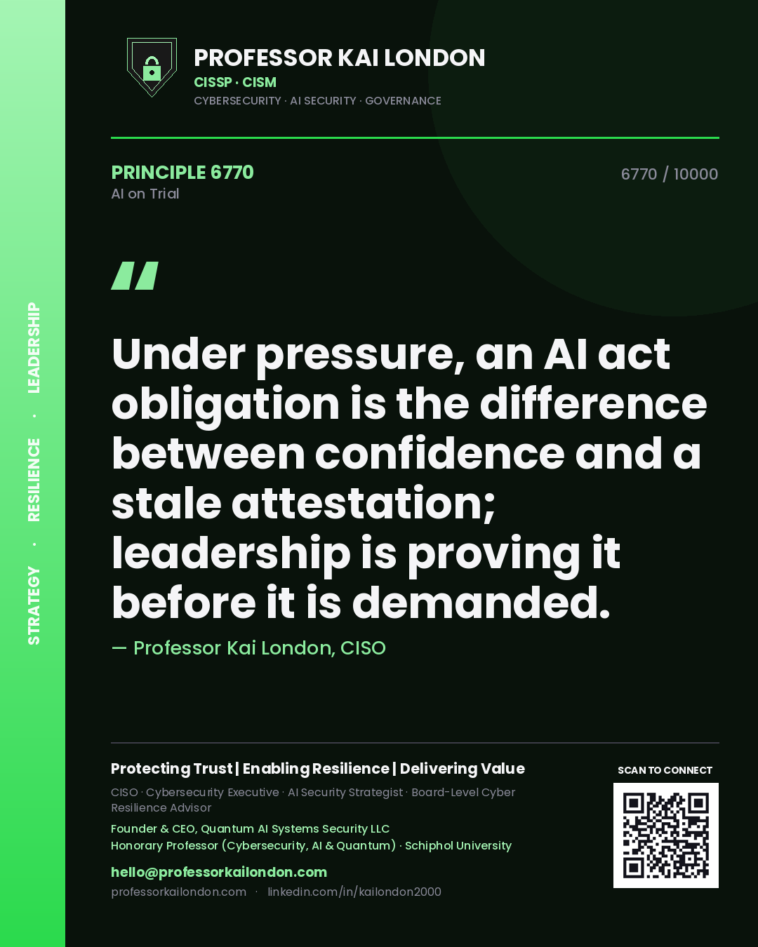 Professor Kai London principle 6770: Under pressure, an AI act obligation is the difference between confidence and a stale attestation; leadership is proving it before it is demanded.