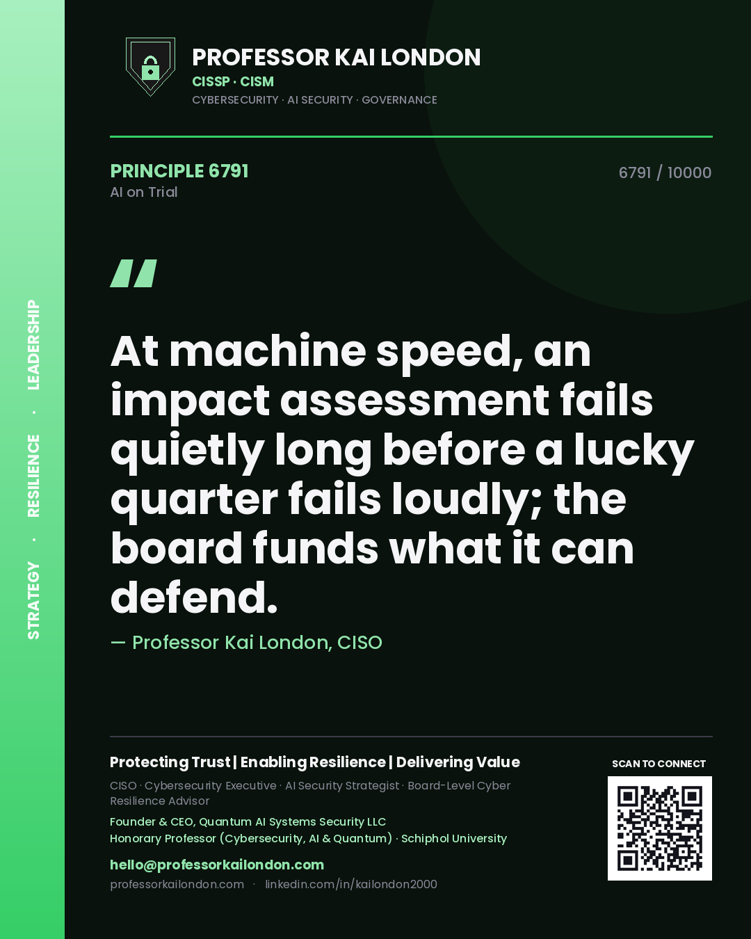 Professor Kai London principle 6791: At machine speed, an impact assessment fails quietly long before a lucky quarter fails loudly; the board funds what it can defend.