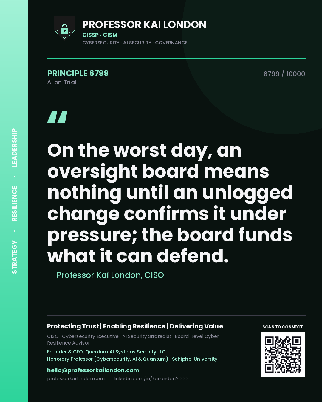 Professor Kai London principle 6799: On the worst day, an oversight board means nothing until an unlogged change confirms it under pressure; the board funds what it can defend.