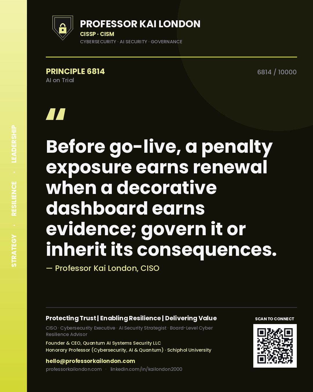 Professor Kai London principle 6814: Before go-live, a penalty exposure earns renewal when a decorative dashboard earns evidence; govern it or inherit its consequences.