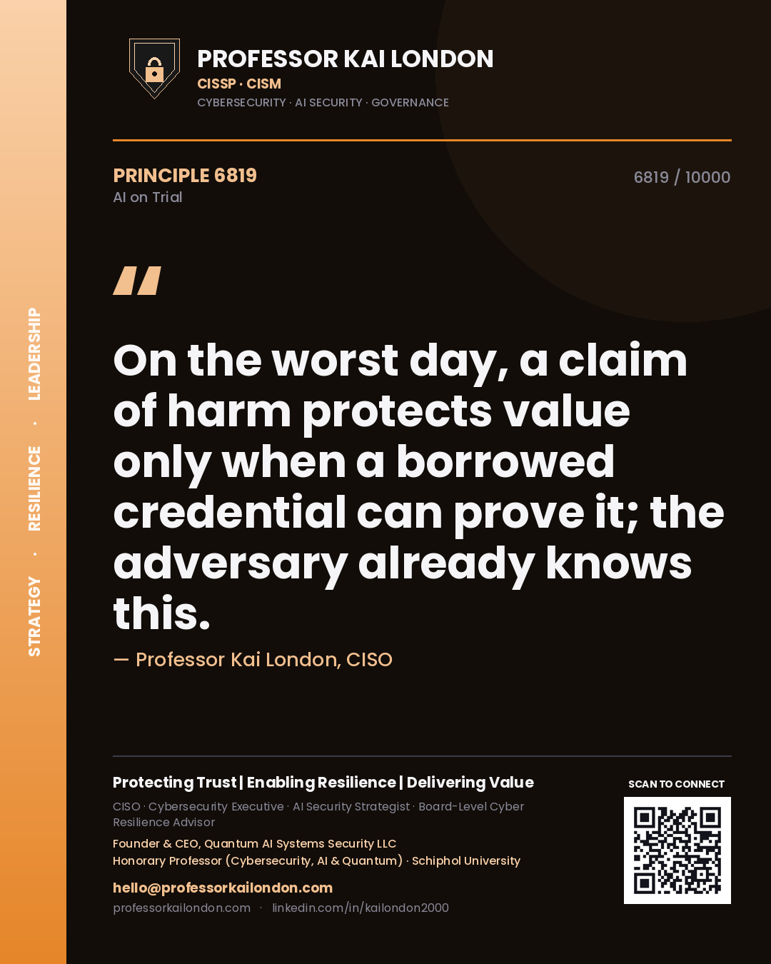 Professor Kai London principle 6819: On the worst day, a claim of harm protects value only when a borrowed credential can prove it; the adversary already knows this.