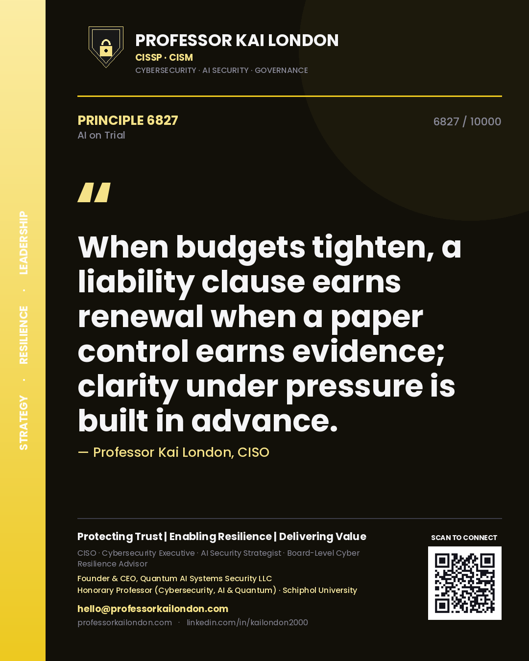 Professor Kai London principle 6827: When budgets tighten, a liability clause earns renewal when a paper control earns evidence; clarity under pressure is built in advance.