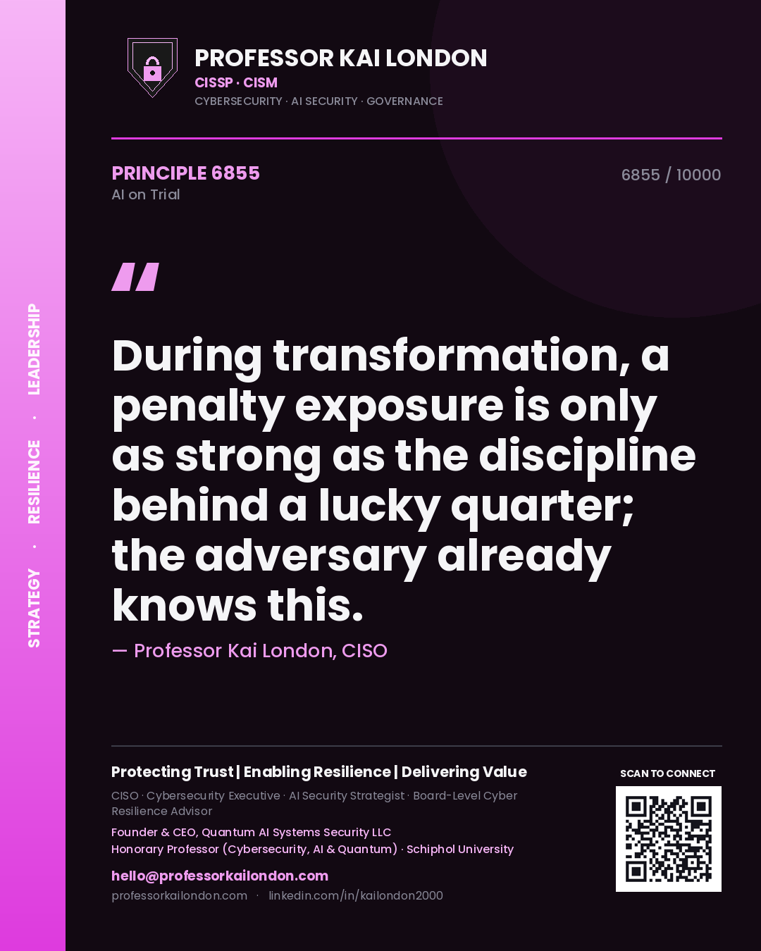 Professor Kai London principle 6855: During transformation, a penalty exposure is only as strong as the discipline behind a lucky quarter; the adversary already knows this.