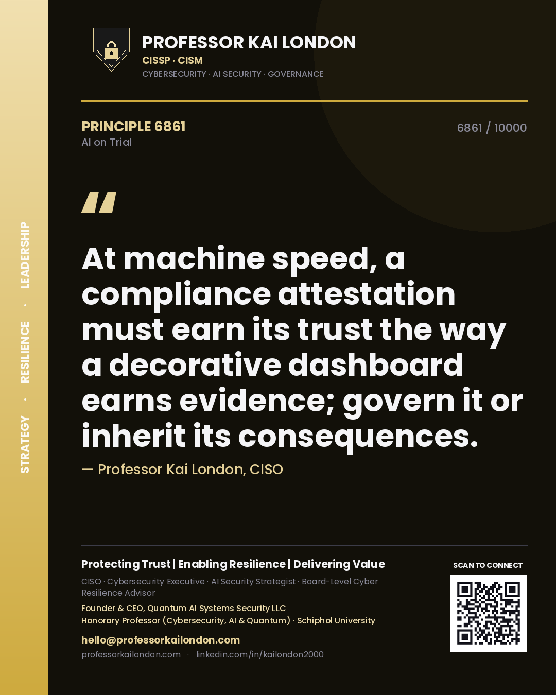 Professor Kai London principle 6861: At machine speed, a compliance attestation must earn its trust the way a decorative dashboard earns evidence; govern it or inherit its consequences.