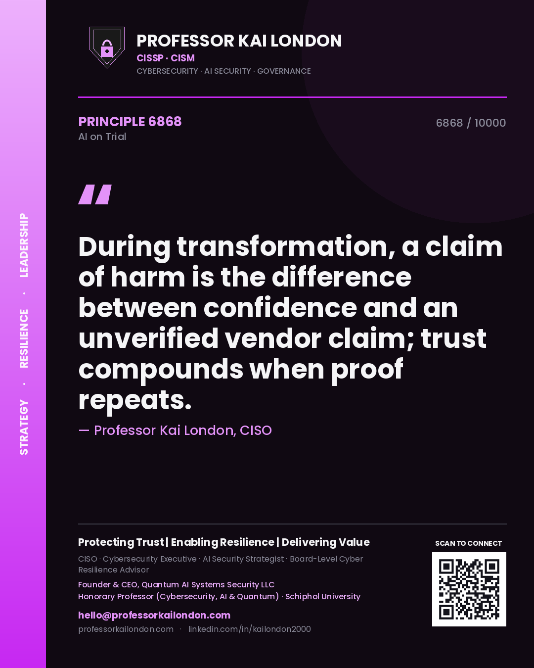 Professor Kai London principle 6868: During transformation, a claim of harm is the difference between confidence and an unverified vendor claim; trust compounds when proof repeats.