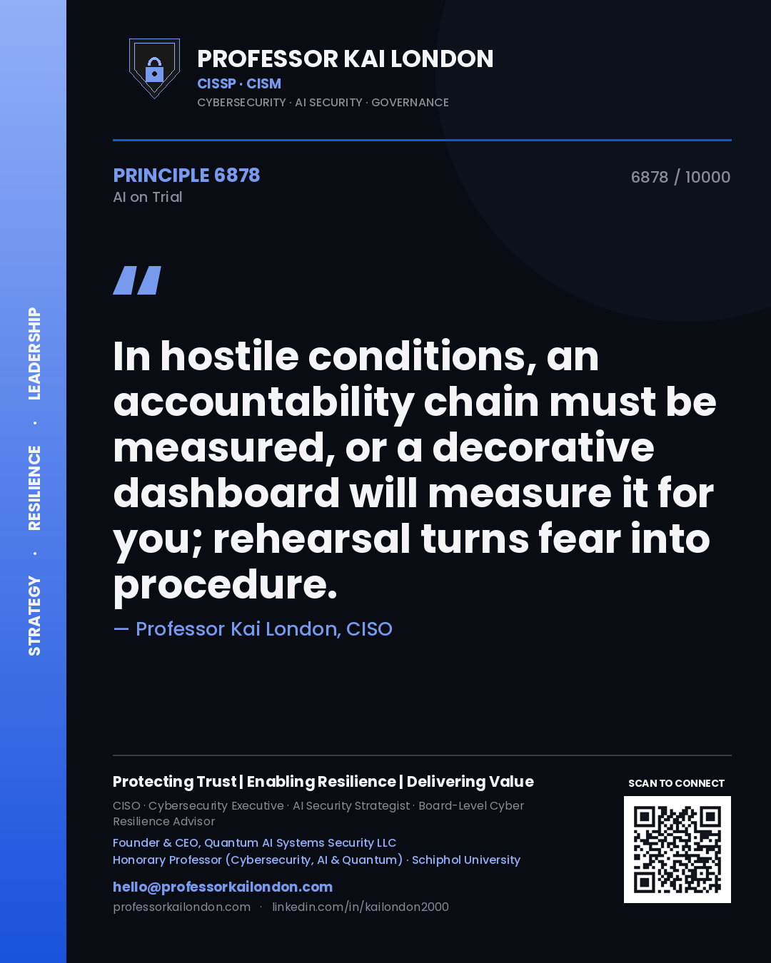 Professor Kai London principle 6878: In hostile conditions, an accountability chain must be measured, or a decorative dashboard will measure it for you; rehearsal turns fear into procedure.