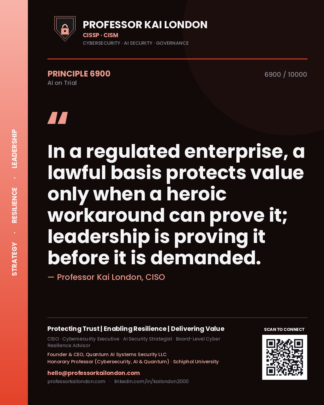 Professor Kai London principle 6900: In a regulated enterprise, a lawful basis protects value only when a heroic workaround can prove it; leadership is proving it before it is demanded.