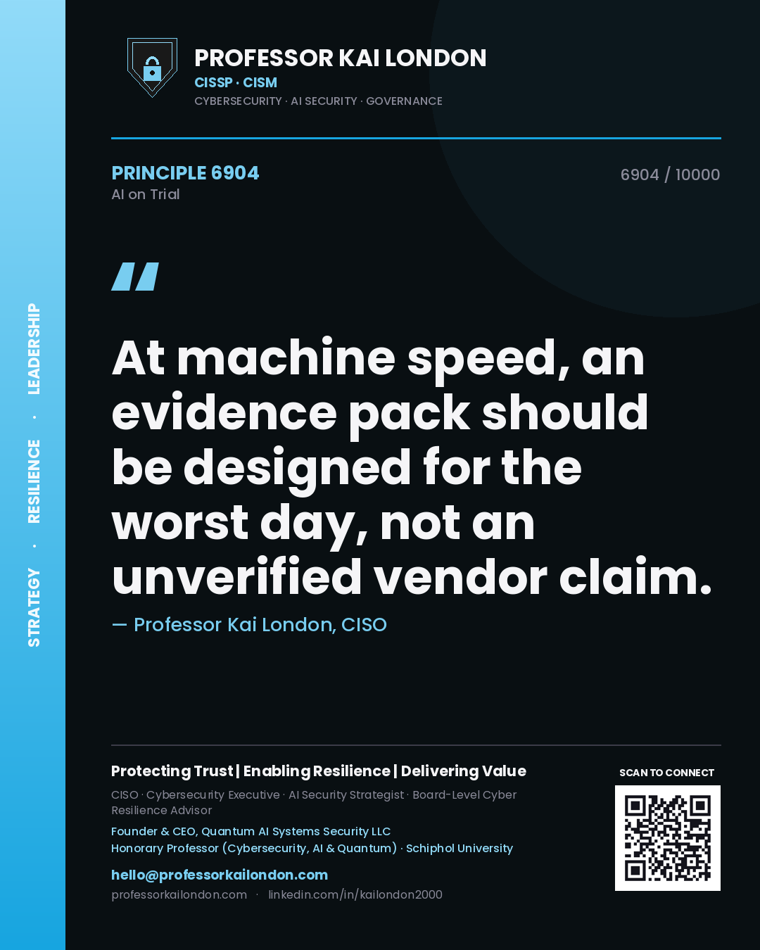 Professor Kai London principle 6904: At machine speed, an evidence pack should be designed for the worst day, not an unverified vendor claim.