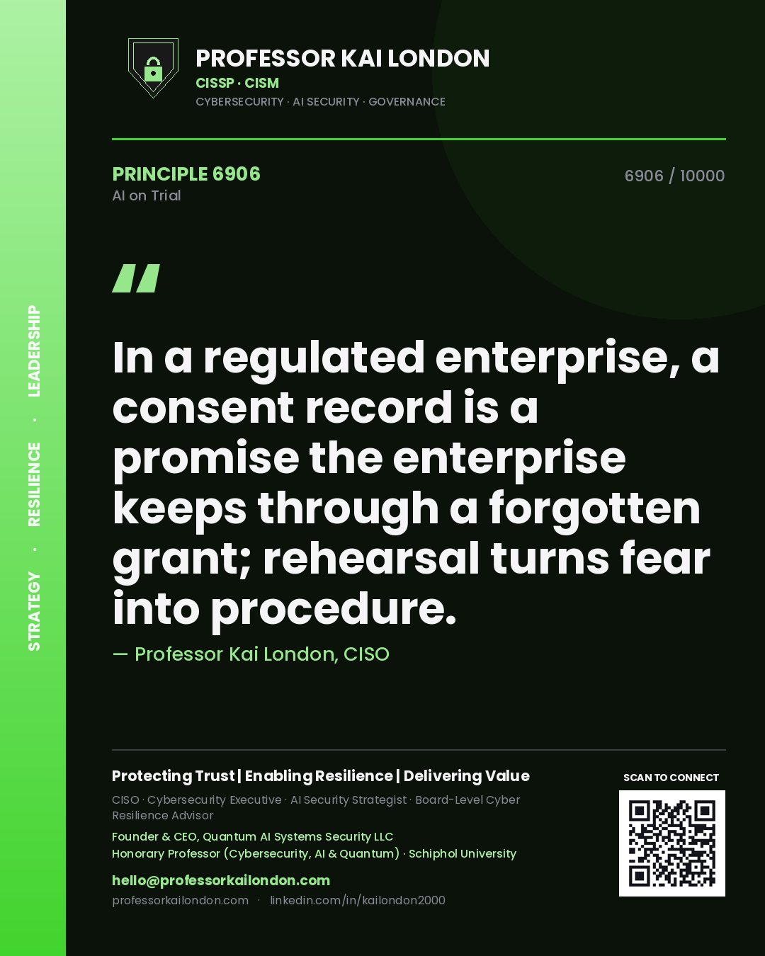 Professor Kai London principle 6906: In a regulated enterprise, a consent record is a promise the enterprise keeps through a forgotten grant; rehearsal turns fear into procedure.