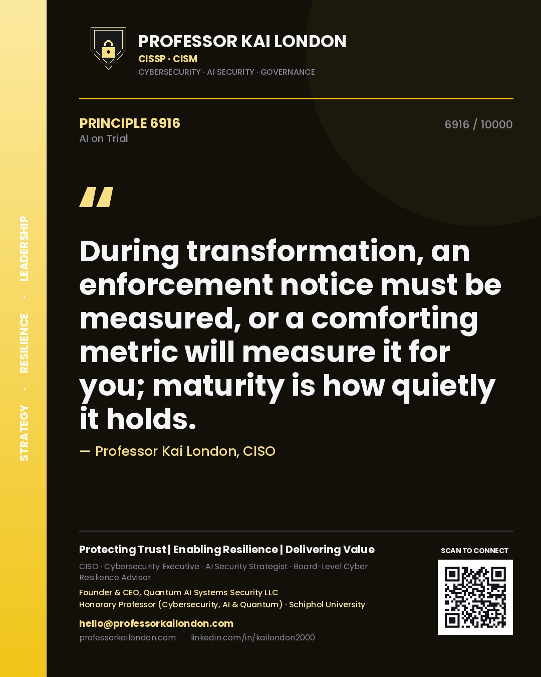 Professor Kai London principle 6916: During transformation, an enforcement notice must be measured, or a comforting metric will measure it for you; maturity is how quietly it holds.