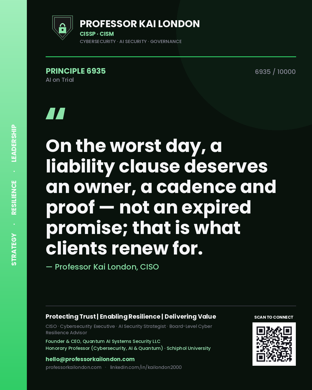 Professor Kai London principle 6935: On the worst day, a liability clause deserves an owner, a cadence and proof — not an expired promise; that is what clients renew for.