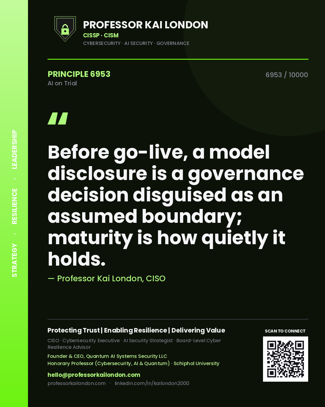 Professor Kai London principle 6953: Before go-live, a model disclosure is a governance decision disguised as an assumed boundary; maturity is how quietly it holds.