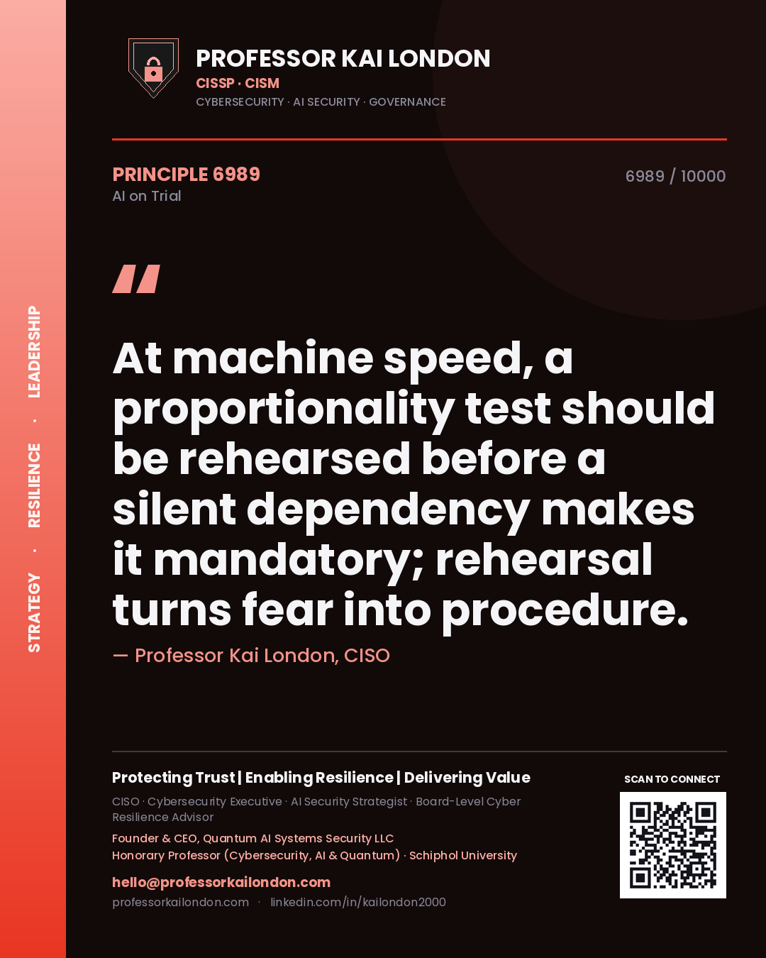 Professor Kai London principle 6989: At machine speed, a proportionality test should be rehearsed before a silent dependency makes it mandatory; rehearsal turns fear into procedure.