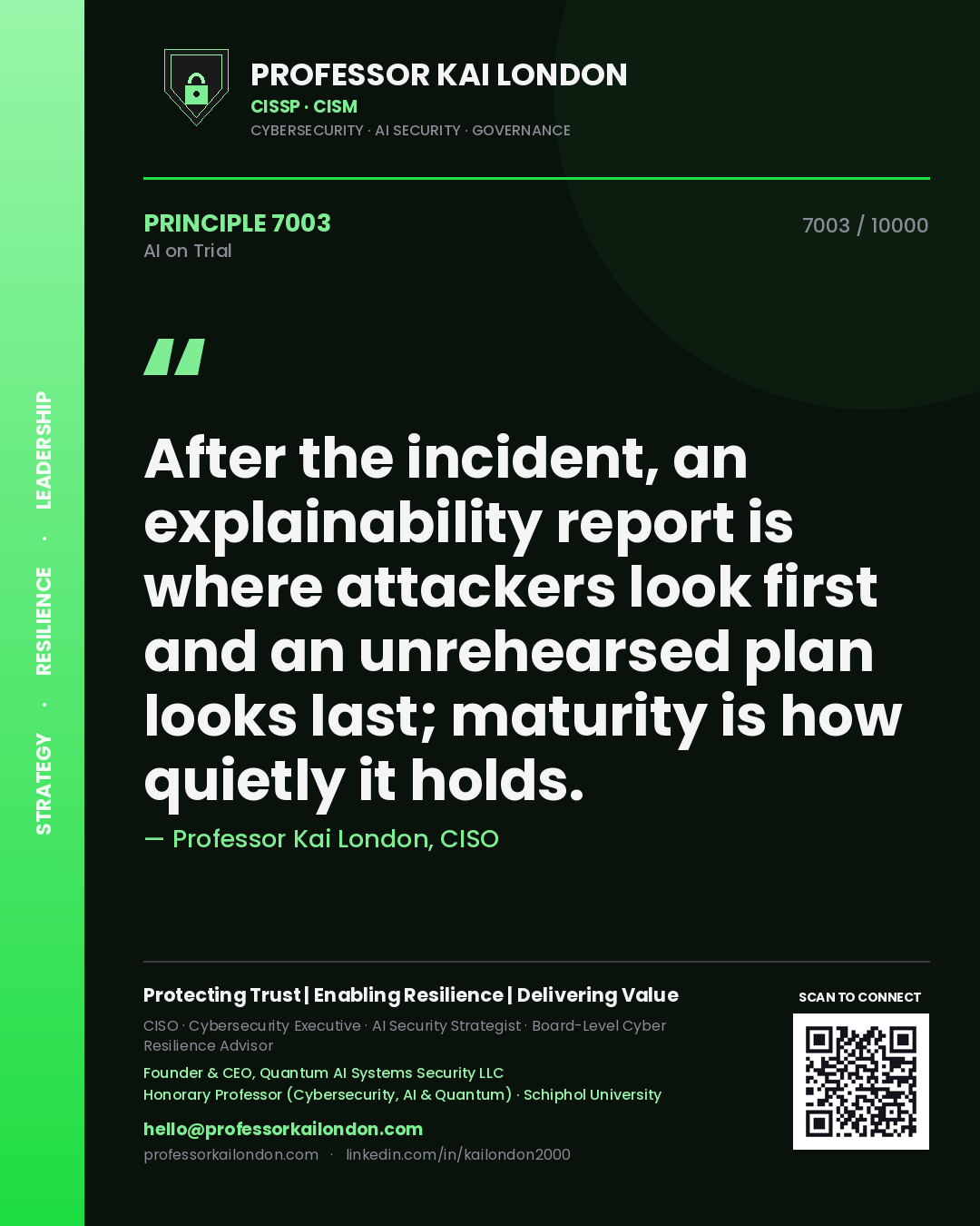 Professor Kai London principle 7003: After the incident, an explainability report is where attackers look first and an unrehearsed plan looks last; maturity is how quietly it holds.