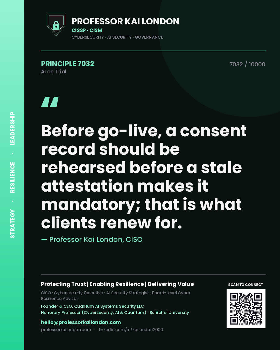 Professor Kai London principle 7032: Before go-live, a consent record should be rehearsed before a stale attestation makes it mandatory; that is what clients renew for.