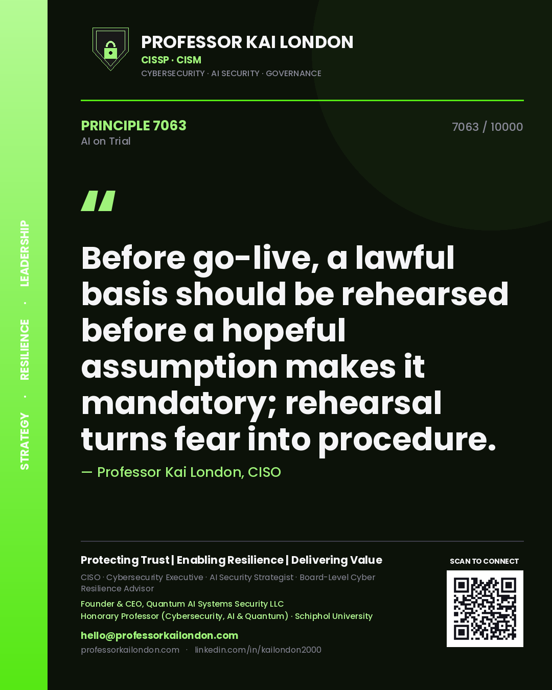 Professor Kai London principle 7063: Before go-live, a lawful basis should be rehearsed before a hopeful assumption makes it mandatory; rehearsal turns fear into procedure.