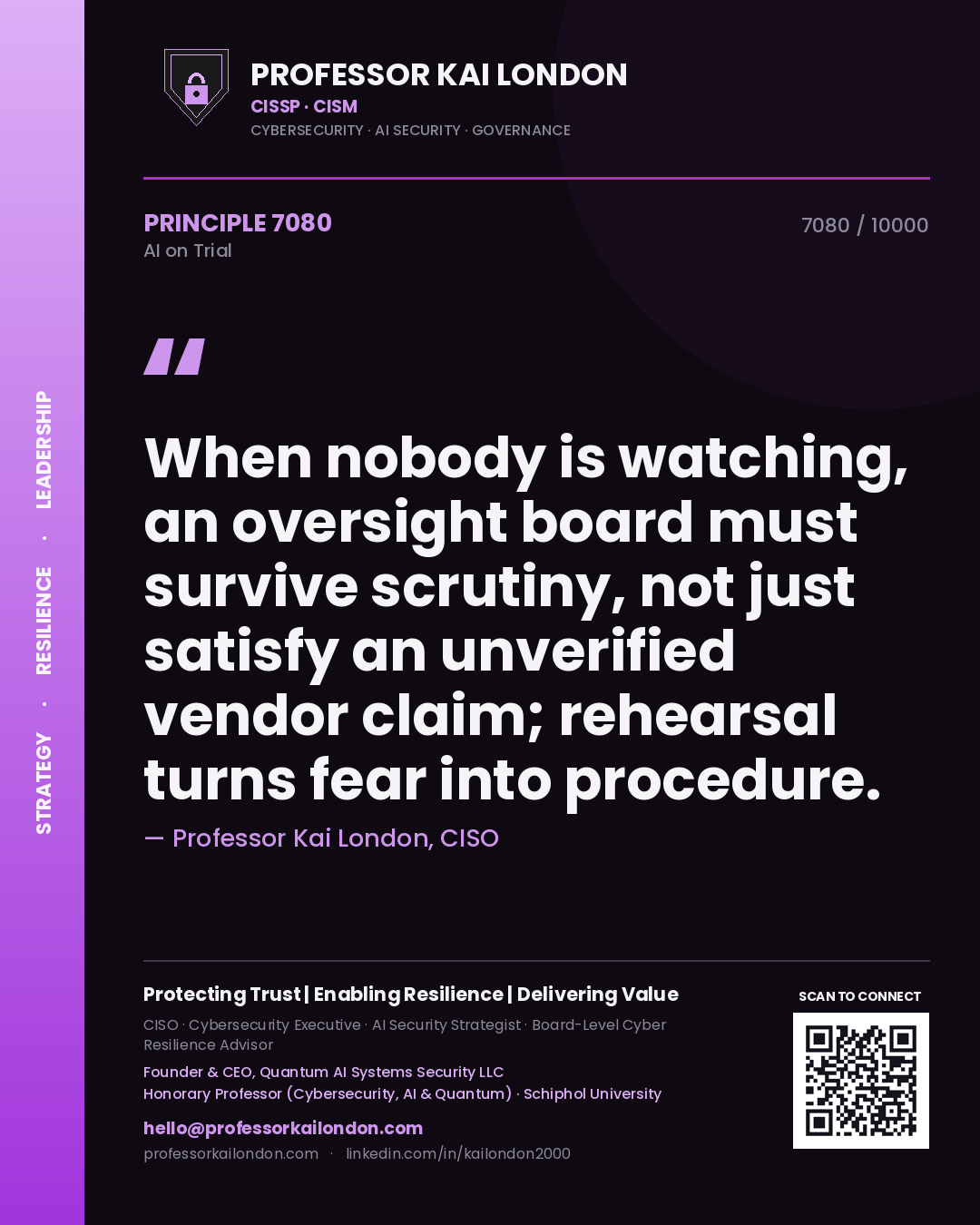 Professor Kai London principle 7080: When nobody is watching, an oversight board must survive scrutiny, not just satisfy an unverified vendor claim; rehearsal turns fear into procedure.