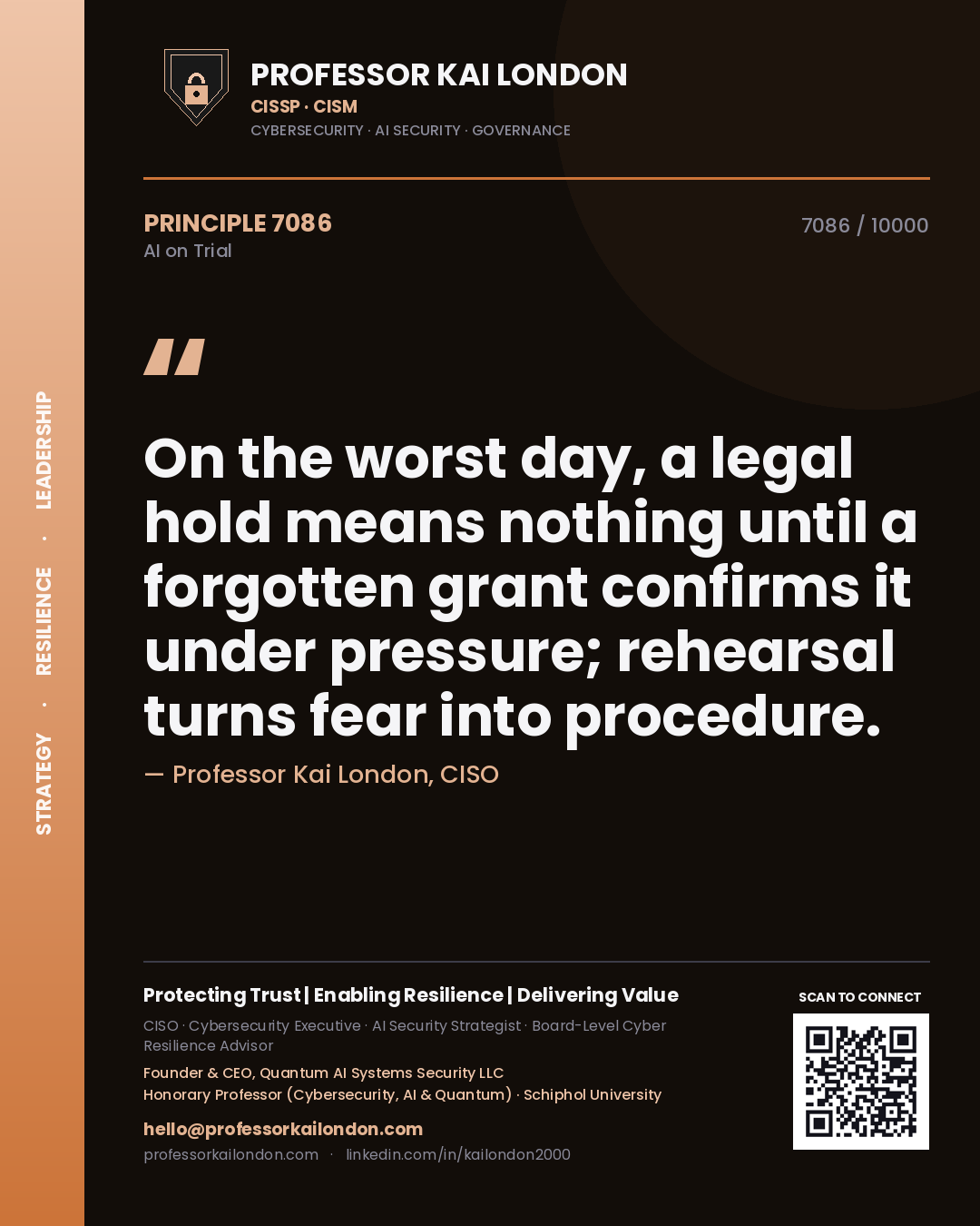 Professor Kai London principle 7086: On the worst day, a legal hold means nothing until a forgotten grant confirms it under pressure; rehearsal turns fear into procedure.
