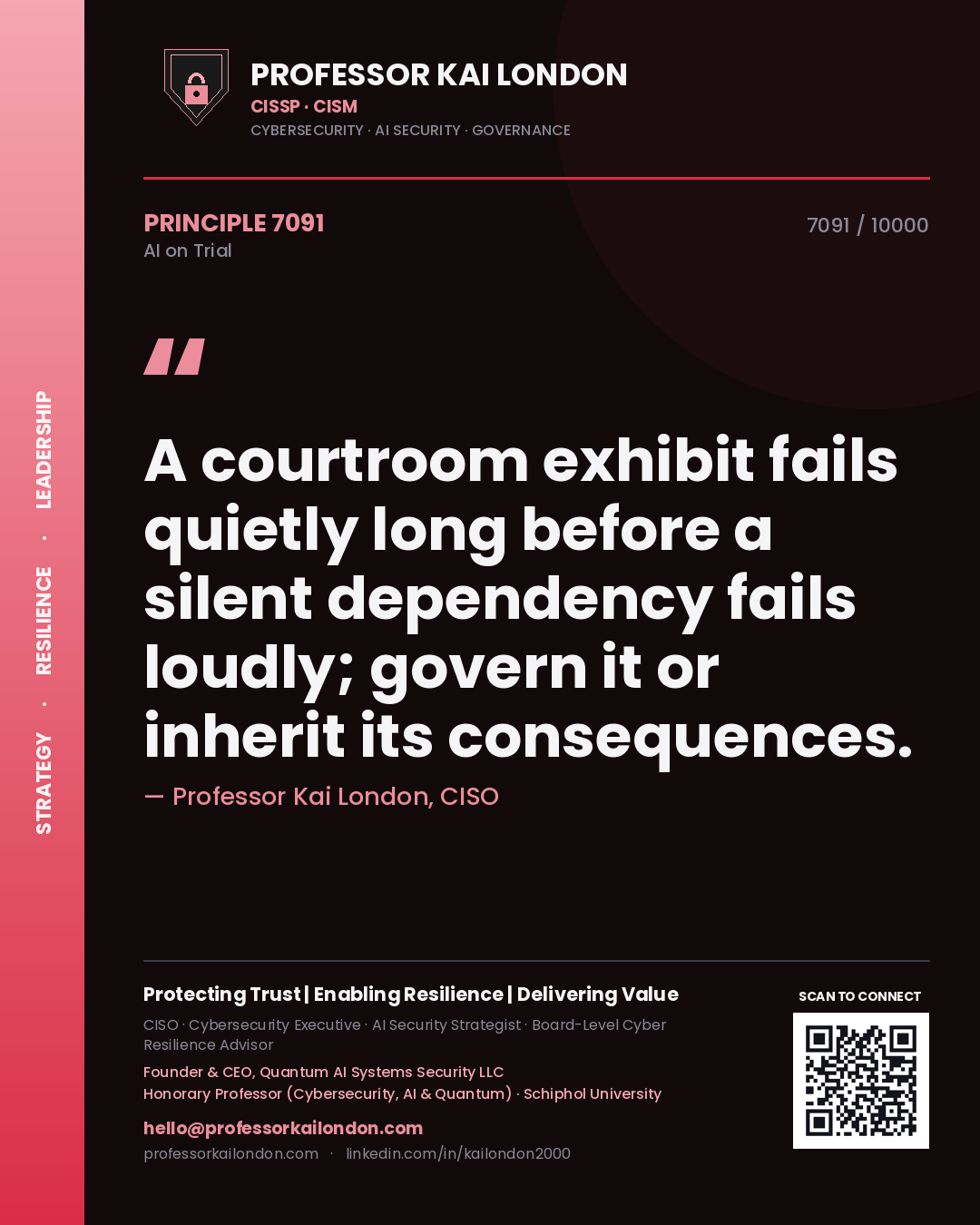 Professor Kai London principle 7091: A courtroom exhibit fails quietly long before a silent dependency fails loudly; govern it or inherit its consequences.