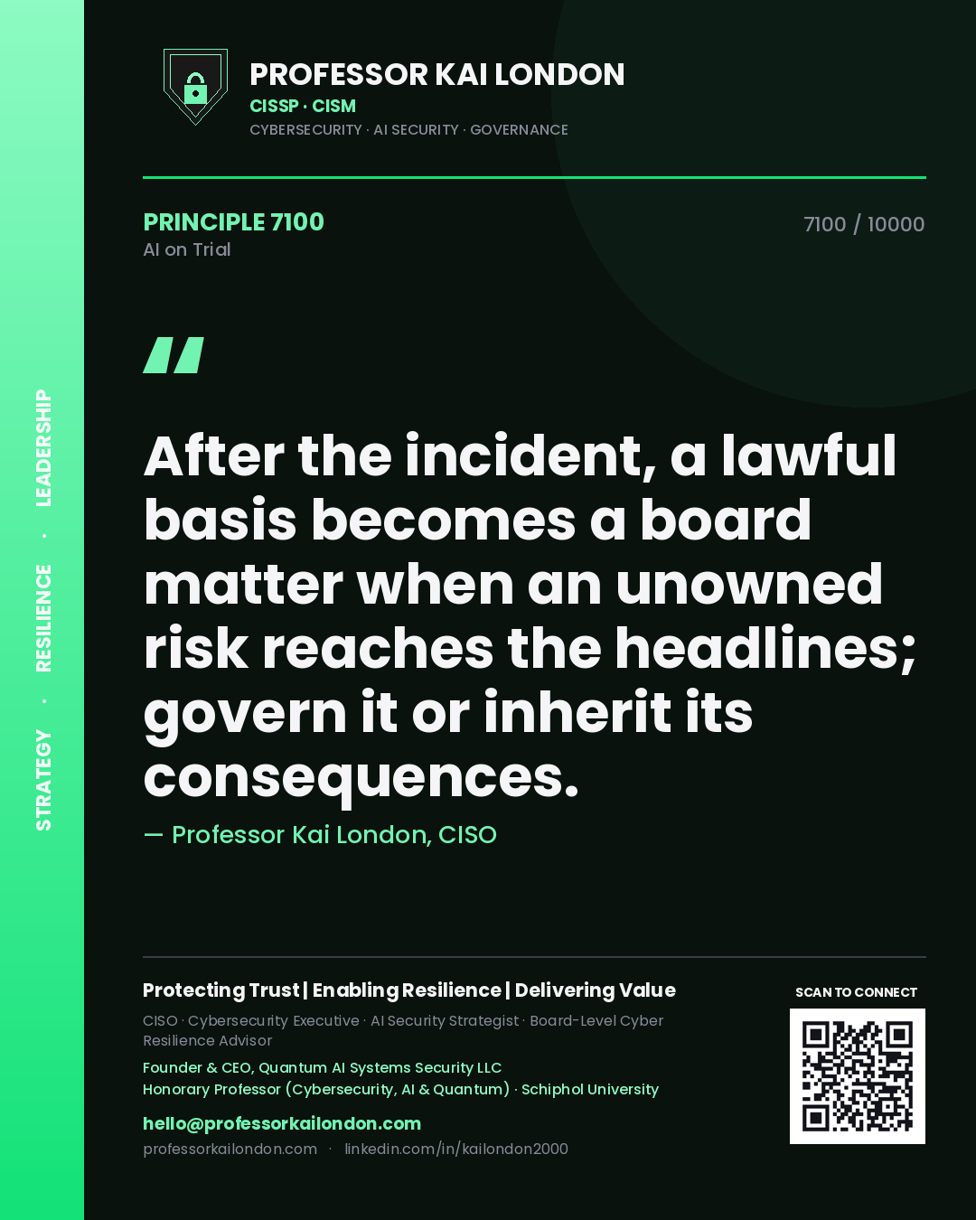 Professor Kai London principle 7100: After the incident, a lawful basis becomes a board matter when an unowned risk reaches the headlines; govern it or inherit its consequences.