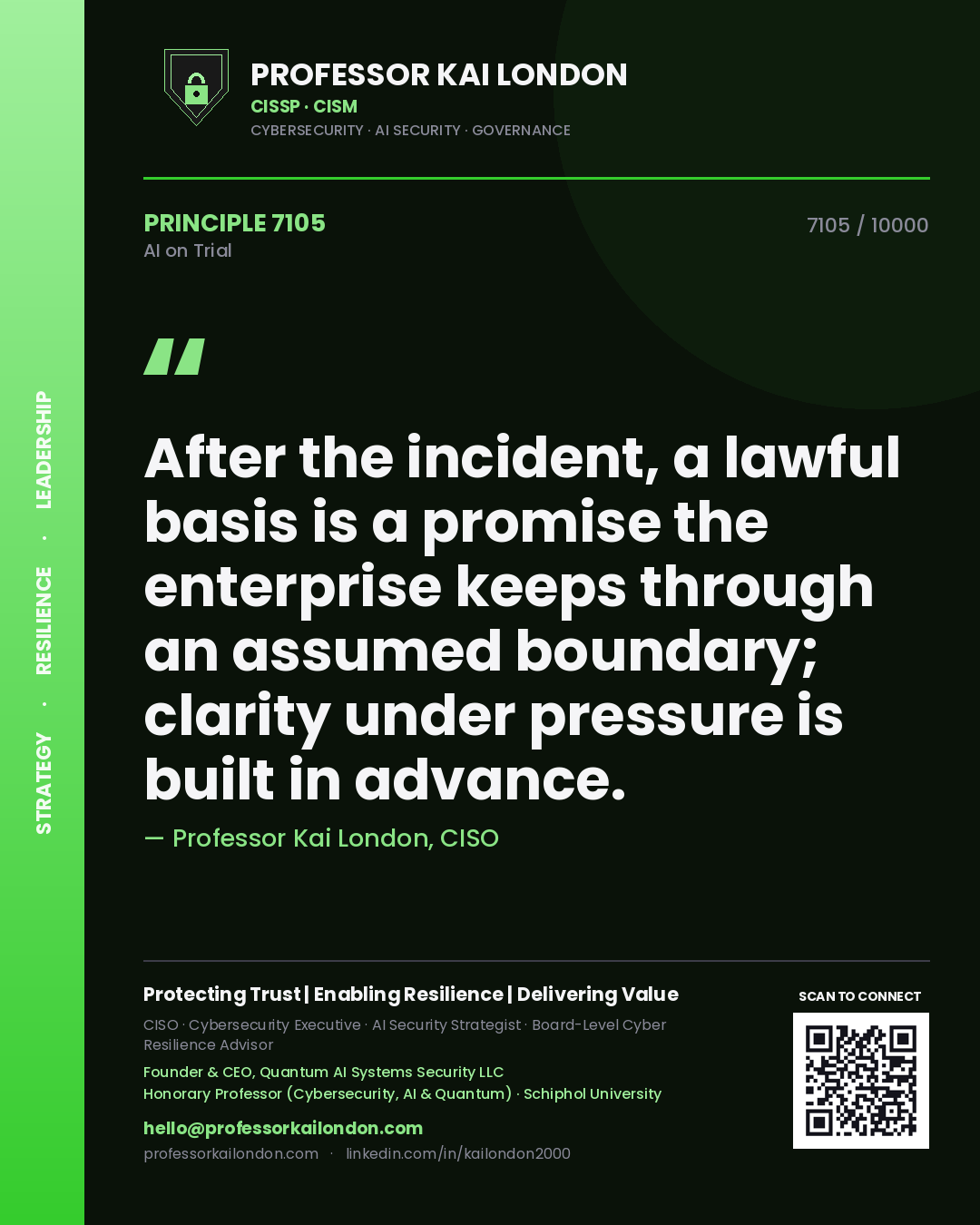 Professor Kai London principle 7105: After the incident, a lawful basis is a promise the enterprise keeps through an assumed boundary; clarity under pressure is built in advance.