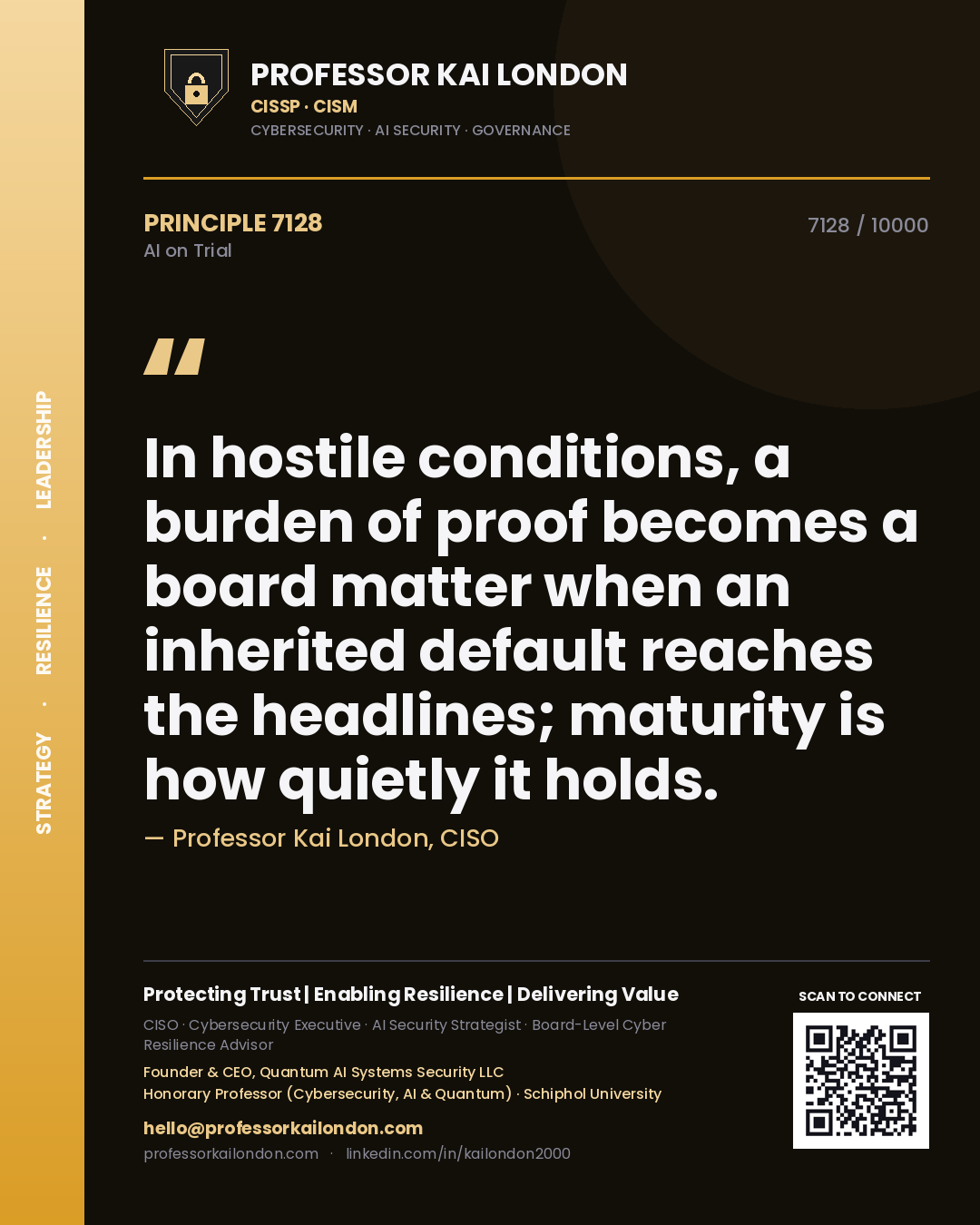 Professor Kai London principle 7128: In hostile conditions, a burden of proof becomes a board matter when an inherited default reaches the headlines; maturity is how quietly it holds.