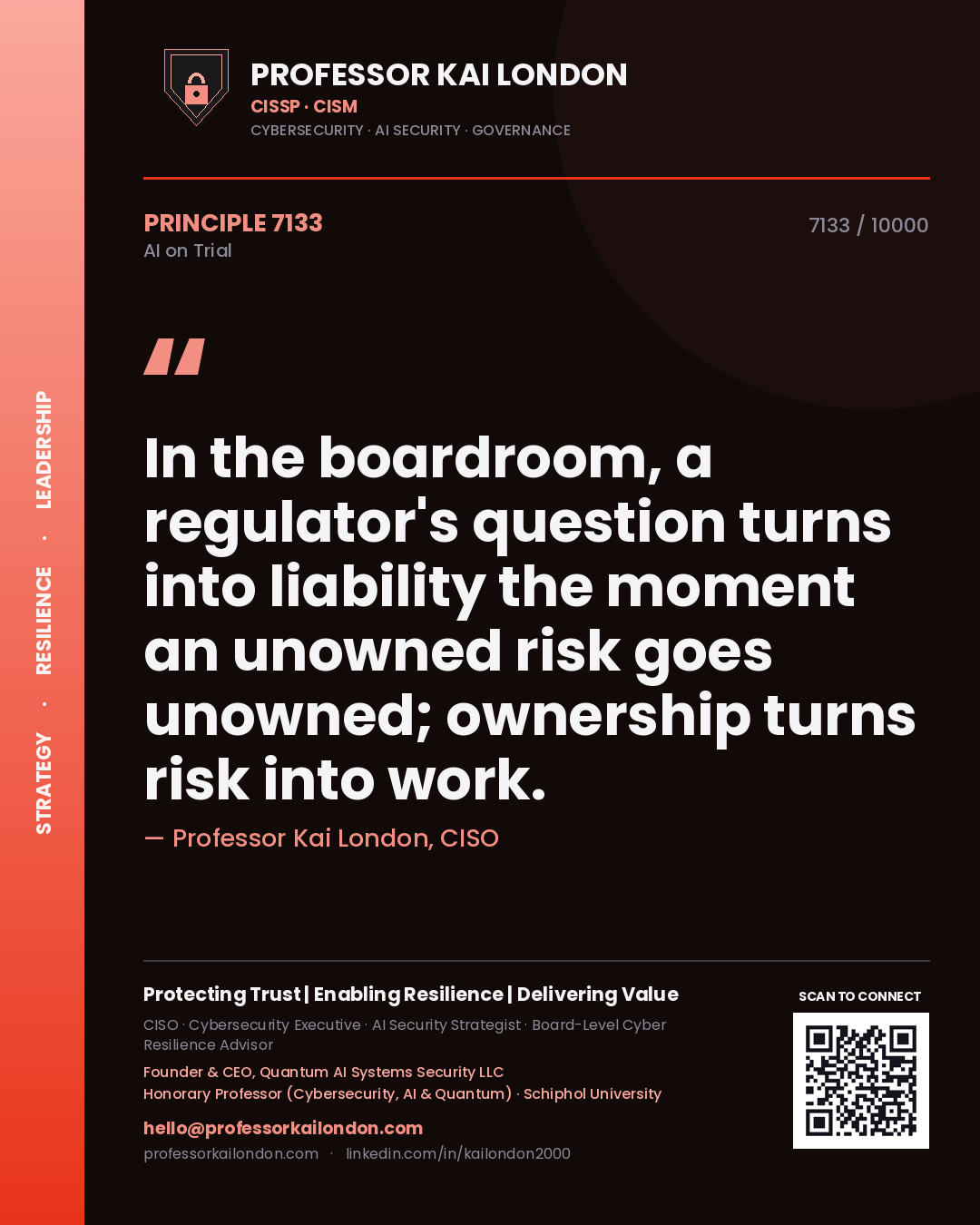 Professor Kai London principle 7133: In the boardroom, a regulator's question turns into liability the moment an unowned risk goes unowned; ownership turns risk into work.