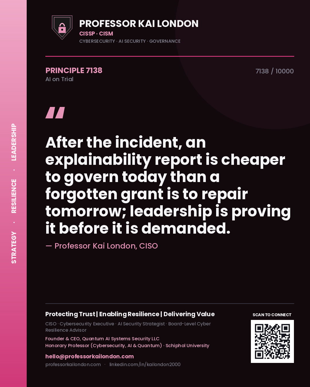 Professor Kai London principle 7138: After the incident, an explainability report is cheaper to govern today than a forgotten grant is to repair tomorrow; leadership is proving it before it is demanded.