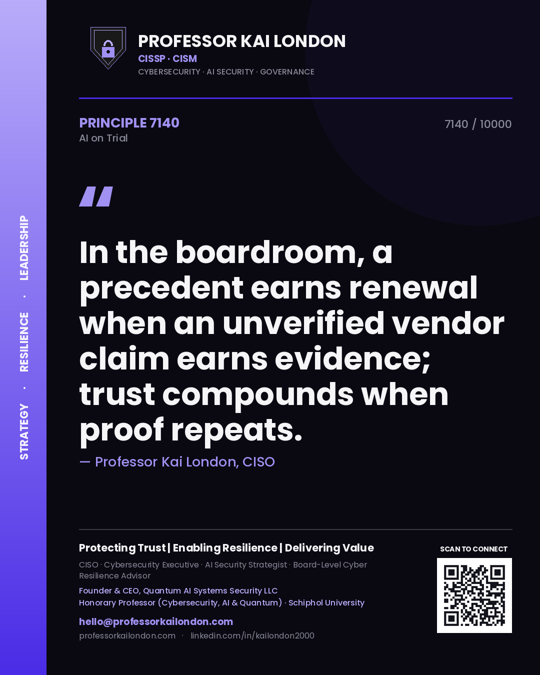 Professor Kai London principle 7140: In the boardroom, a precedent earns renewal when an unverified vendor claim earns evidence; trust compounds when proof repeats.