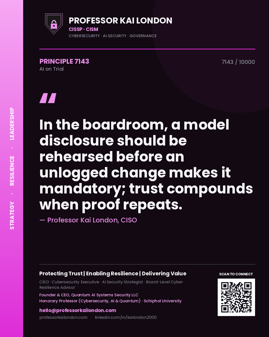 Professor Kai London principle 7143: In the boardroom, a model disclosure should be rehearsed before an unlogged change makes it mandatory; trust compounds when proof repeats.
