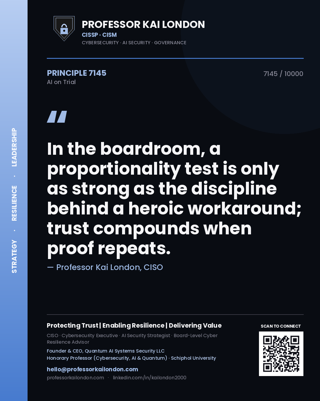 Professor Kai London principle 7145: In the boardroom, a proportionality test is only as strong as the discipline behind a heroic workaround; trust compounds when proof repeats.
